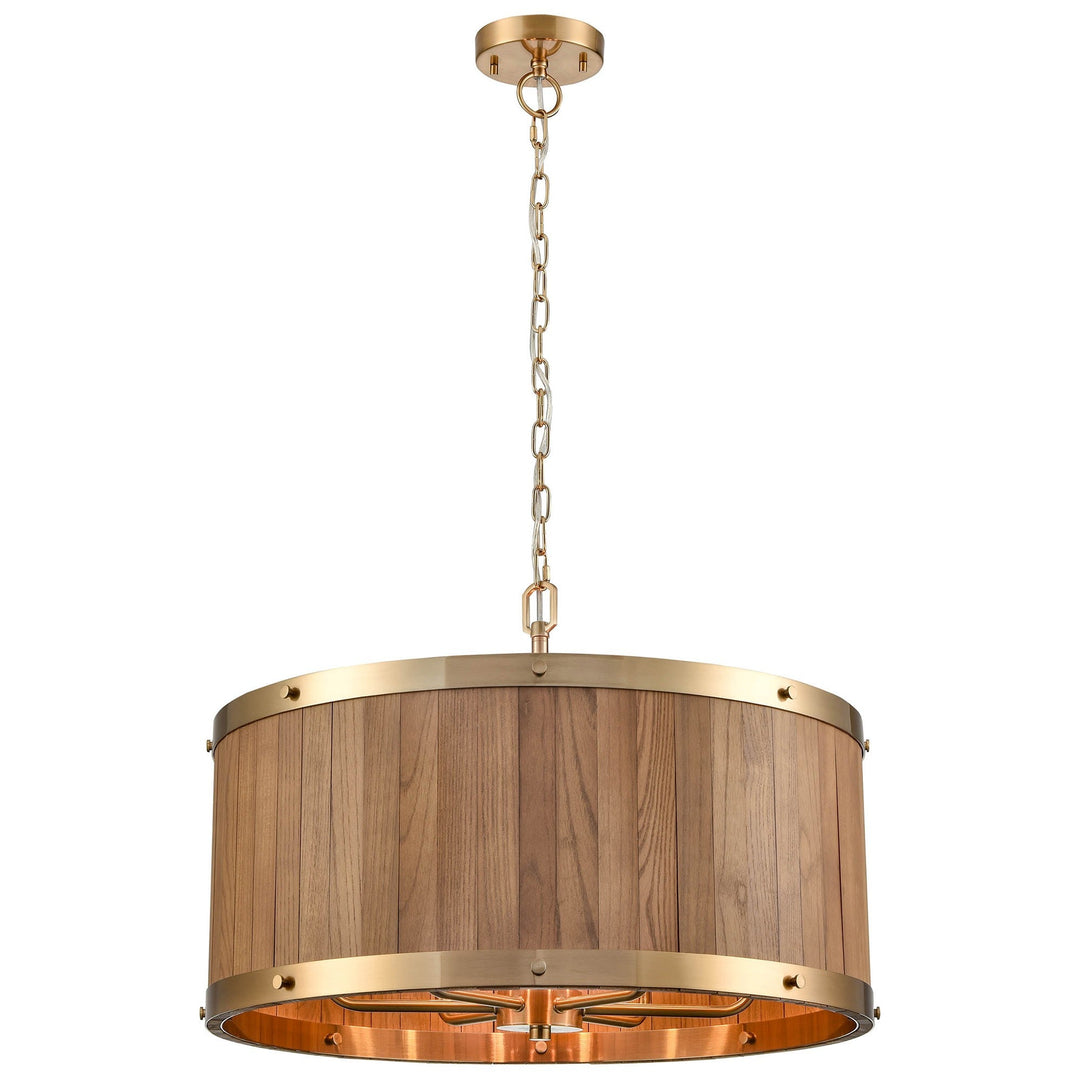 Barrique Wood & Iron Drum Pendant Light, Medium Red Oak / Satin Brass