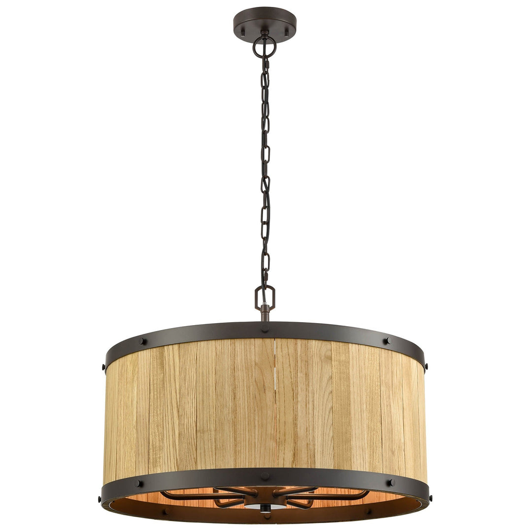 Barrique Wood & Iron Drum Pendant Light, Natural Wood / Oil Rubbed Bronze