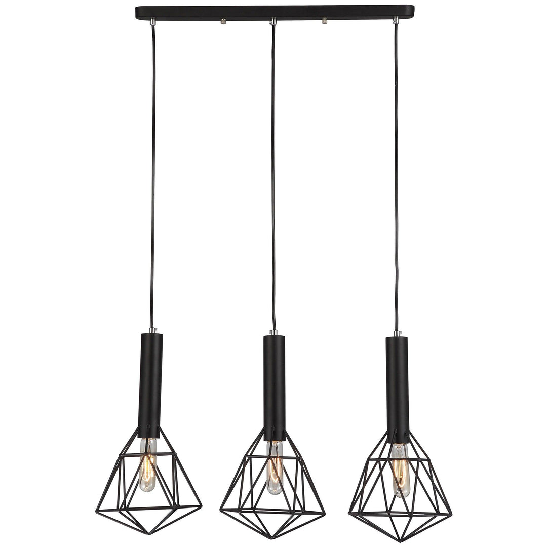 Blackband Iron Caged 3 Light Cluster Pendant Light, Diamond, Black