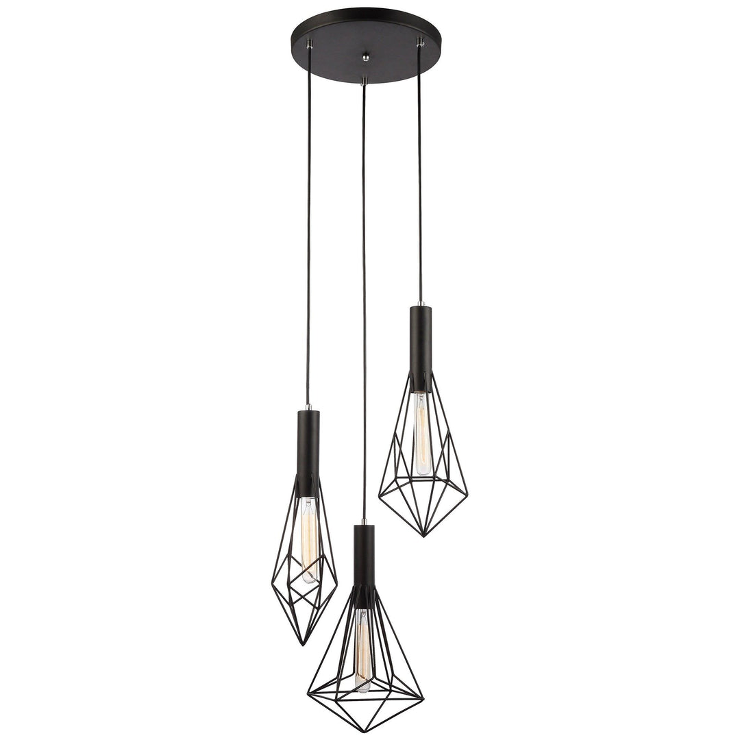 Blackband Iron Caged 3 Light Cluster Pendant Light, Varied Diamond, Black