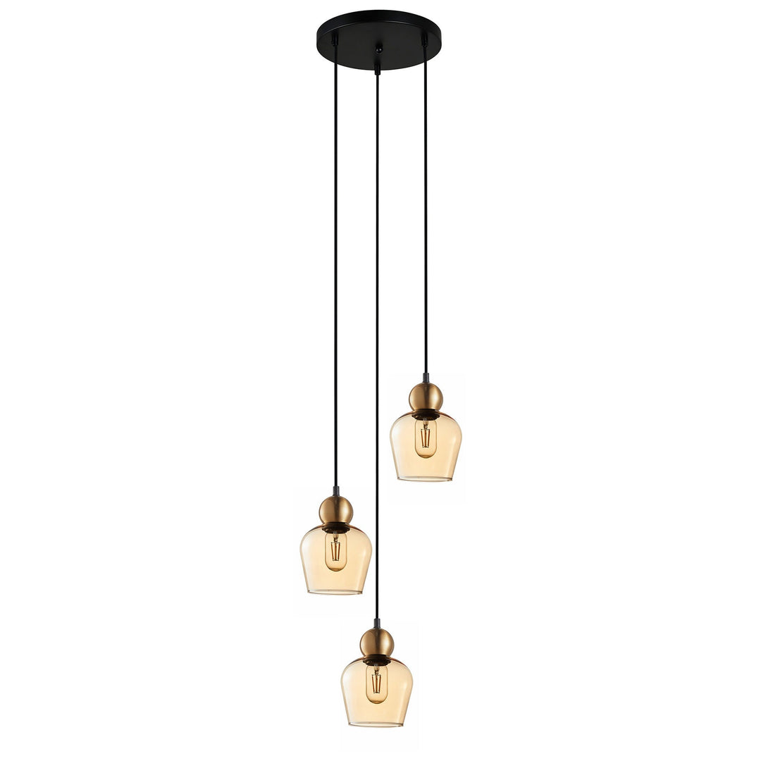 Champan Glass & Iron Cluster Pendant Light, 3 Light, Bronze / Amber