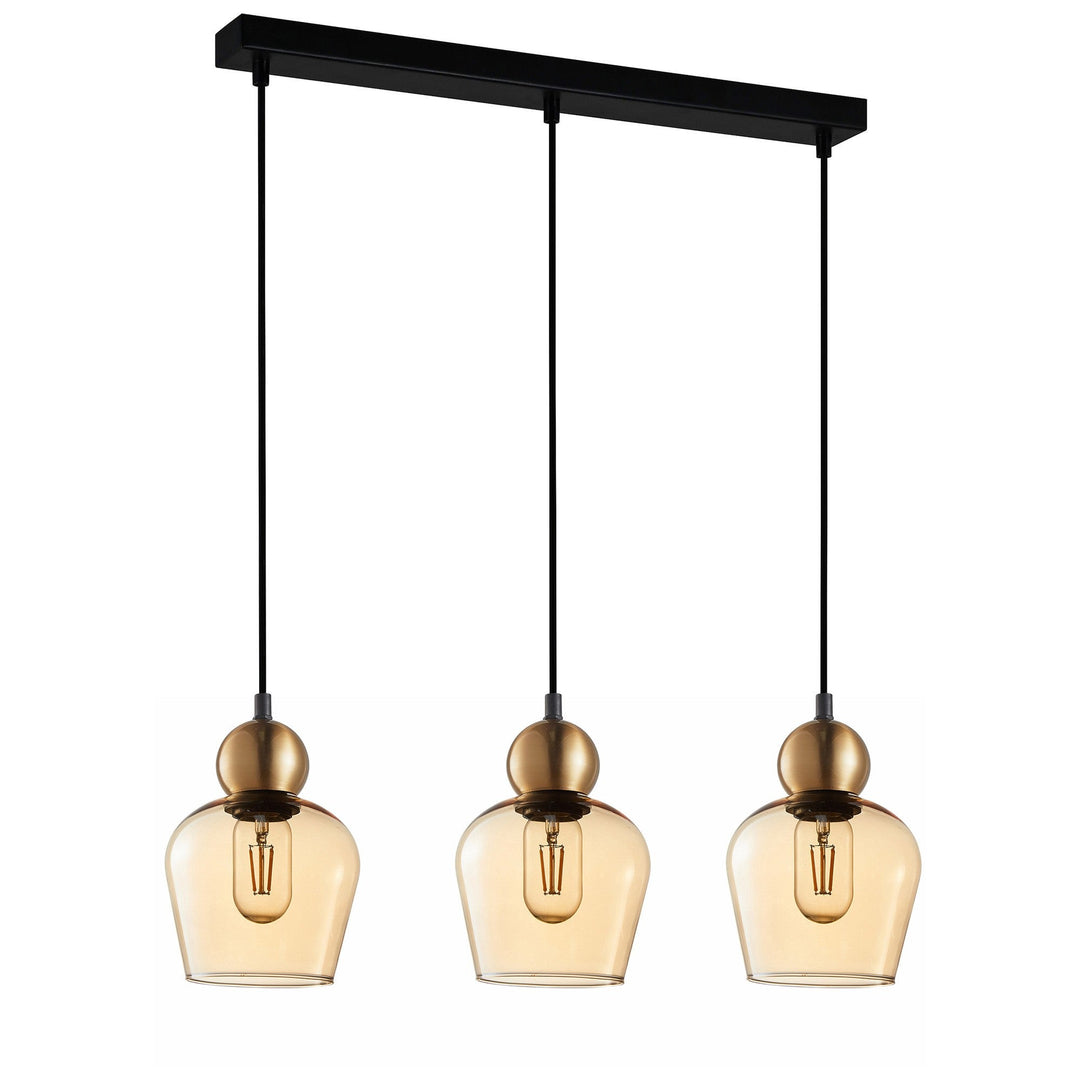 Champan Glass & Iron Bar Pendant Light, 3 Light, Bronze / Amber