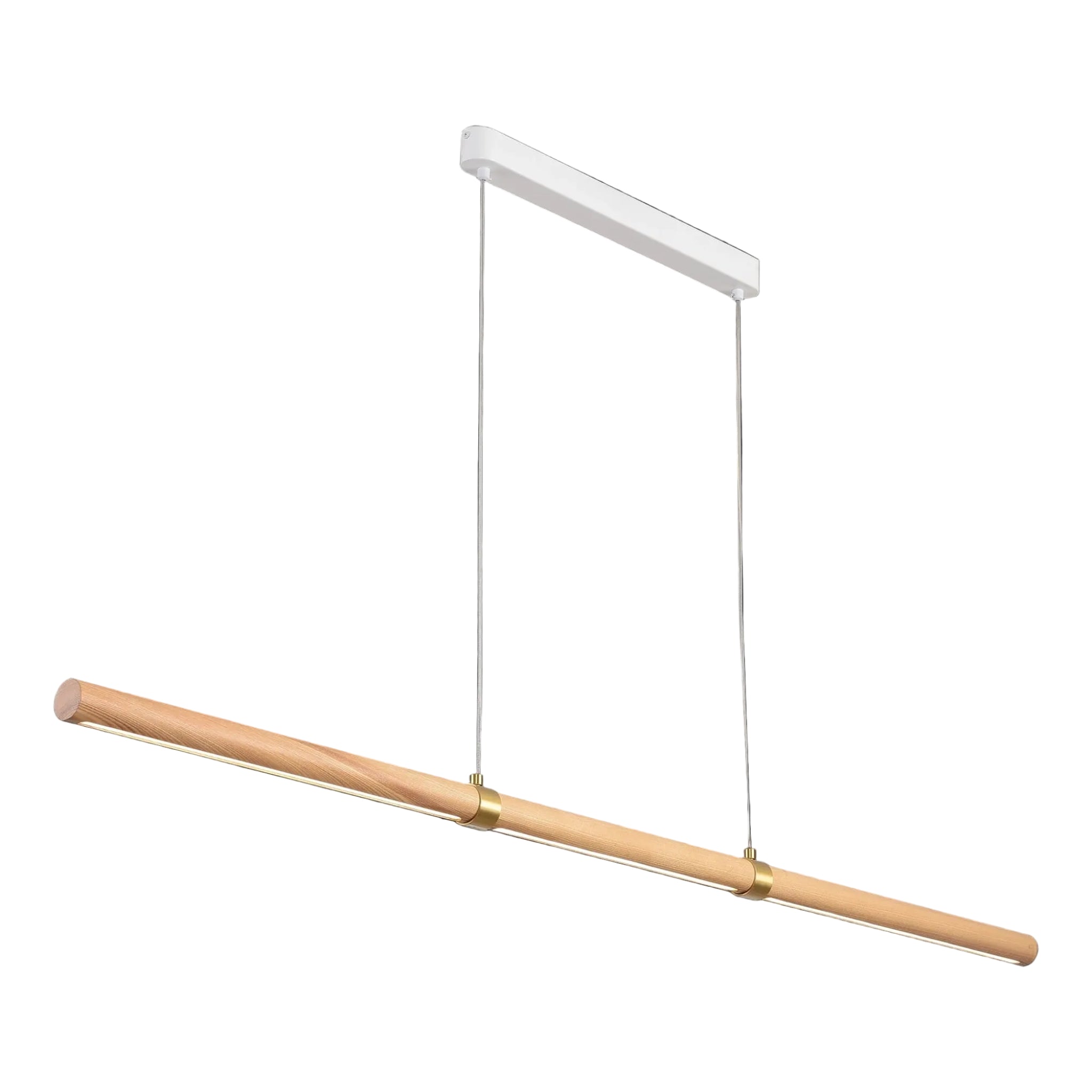 Calibo Aquila 2000mm Timber Tubular LED Linear Pendant with Brass Finish Collar | Ash with White - Dubbo Lighting Centre