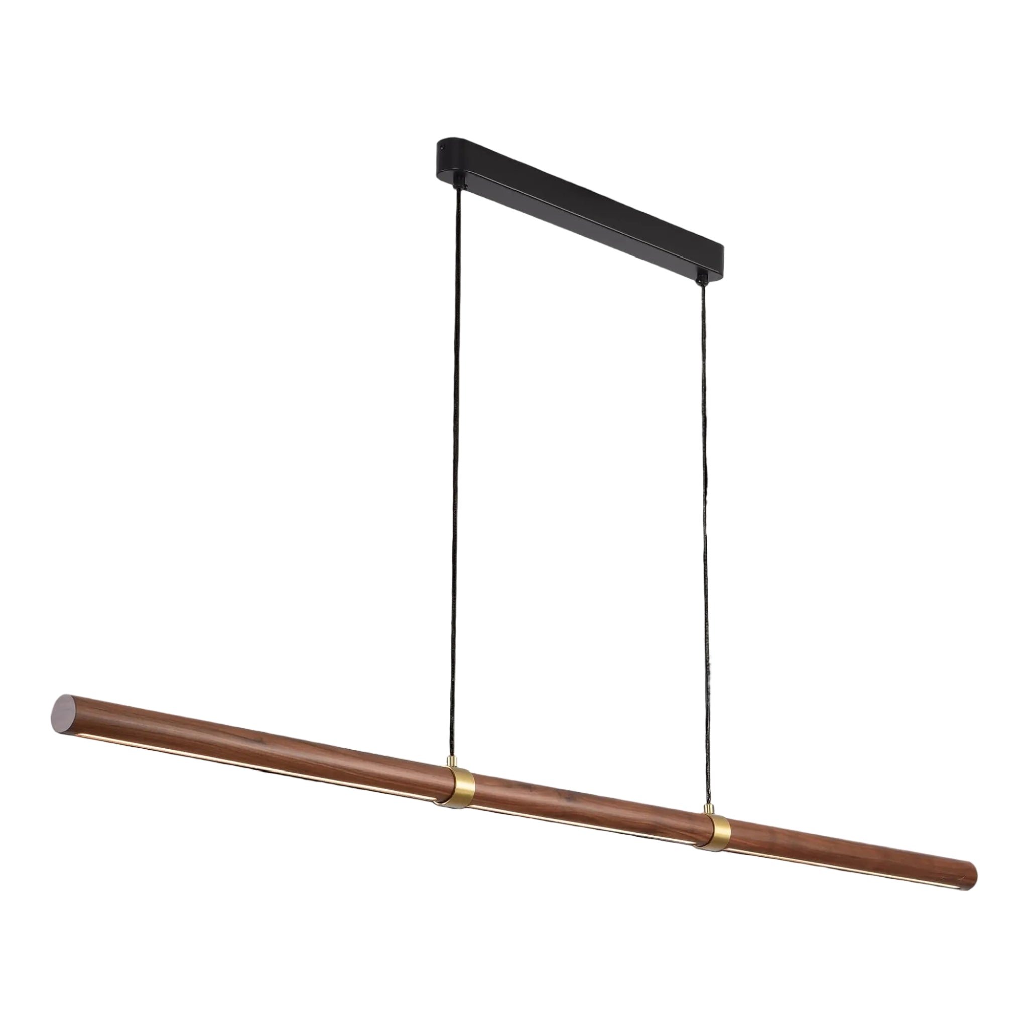 Calibo Aquila 2000mm Timber Tubular LED Linear Pendant with Brass Finish Collar | Walnut with Black  - Dubbo Lighting Centre