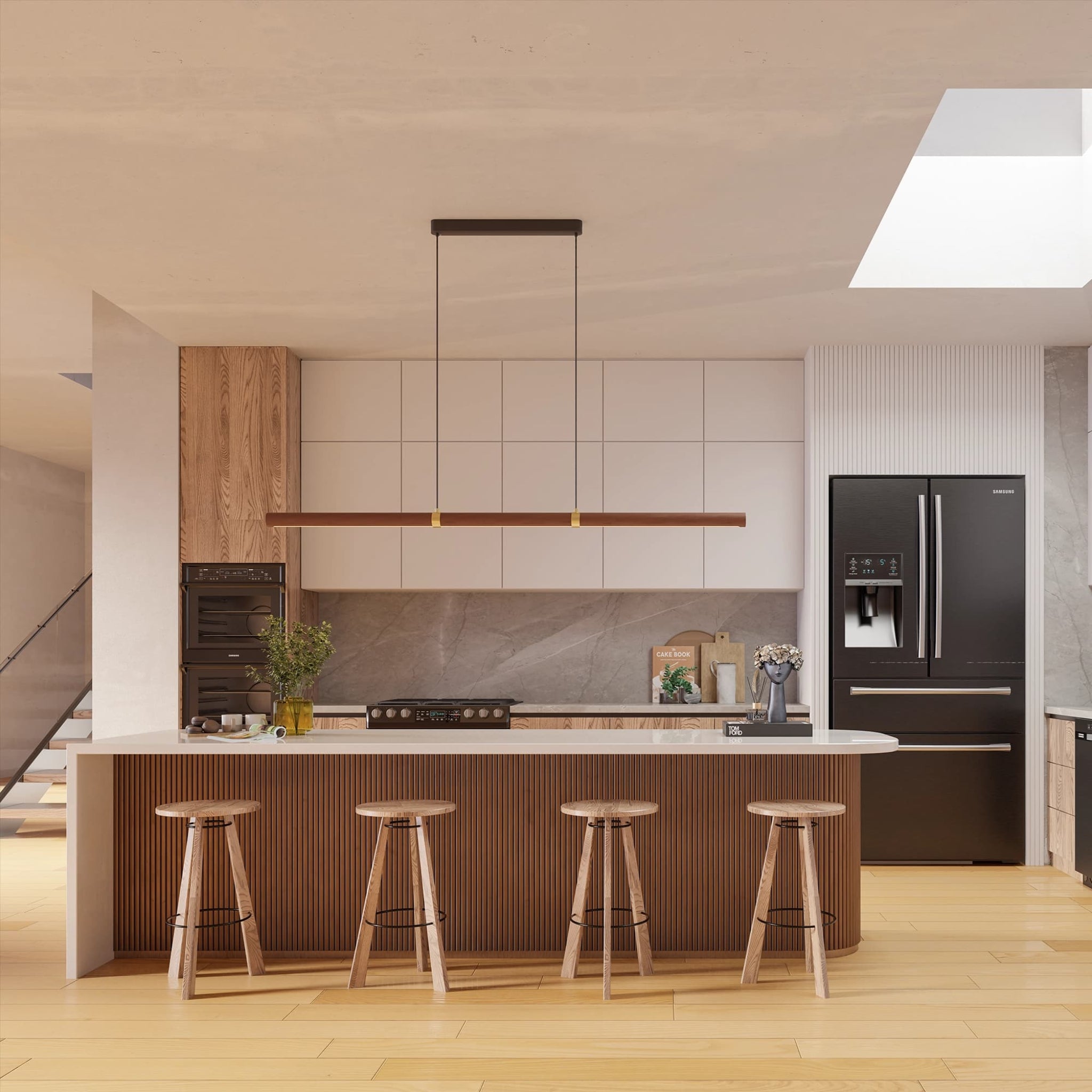 Calibo Aquila 2000mm Timber Tubular LED Linear Pendant with Brass Finish Collar | Walnut with Black  - Dubbo Lighting Centre