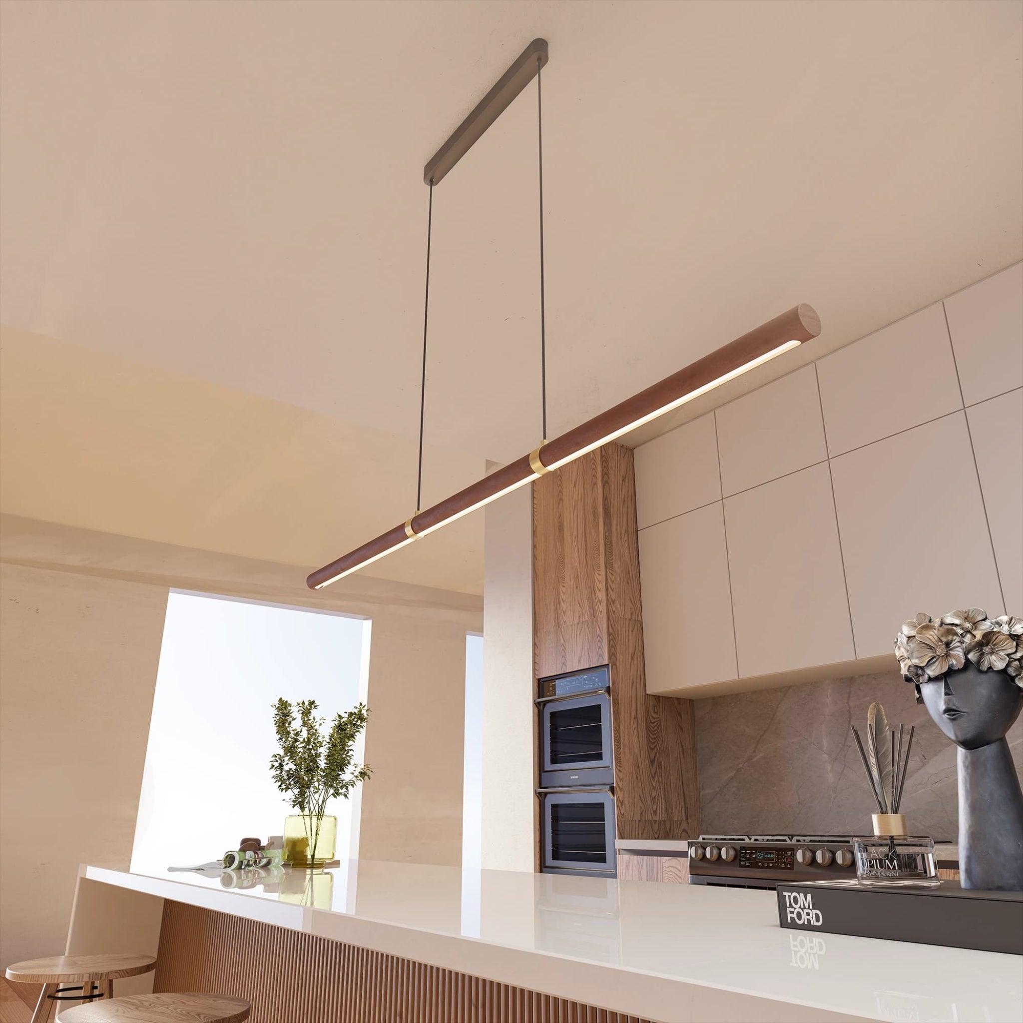 Calibo Aquila 2000mm Timber Tubular LED Linear Pendant with Brass Finish Collar | Walnut with Black  - Dubbo Lighting Centre