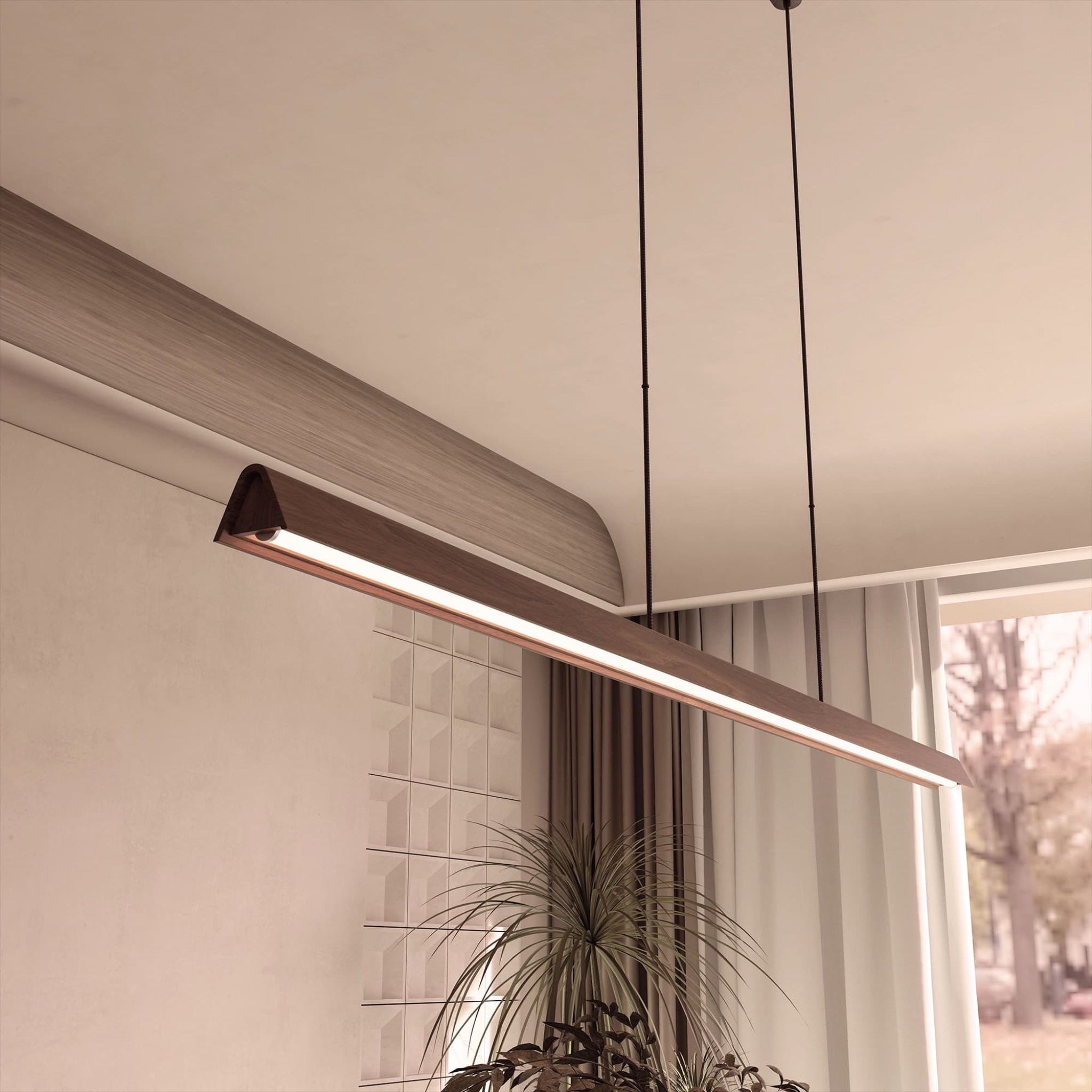 Calibo Avocent 2000mm Slim Timber Triangular Edge LED Linear Pendant | Walnut with Black - Dubbo Lighting Centre