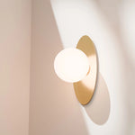 Calibo Crest Opal Glass 140mm Orb Wall Light Oval Plate 300mm | Brass - Dubbo Lighting Centre