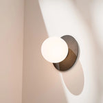 Calibo Crest Opal Glass 140mm Orb Wall Light Round Plate 200mm | Black - Dubbo Lighting Centre