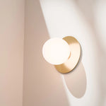 Calibo Crest Opal Glass 140mm Orb Wall Light Round Plate 200mm | Brass - Dubbo Lighting Centre