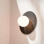 Calibo Crest Opal Glass 140mm Orb Wall Light Round Plate 300mm | Black - Dubbo Lighting Centre