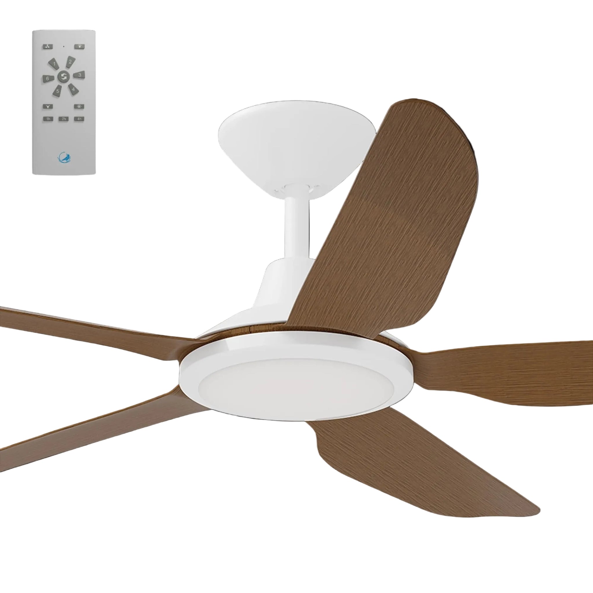 Calibo Storm 48" (1220mm) 5 Blade 18W Tricolour LED Light Indoor/Outdoor DC Ceiling Fan & Remote | White & Koa - Dubbo Lighting Centre