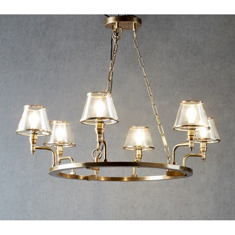 Sienna Metal & Glass Chandelier, 6 Arm, Antique Brass