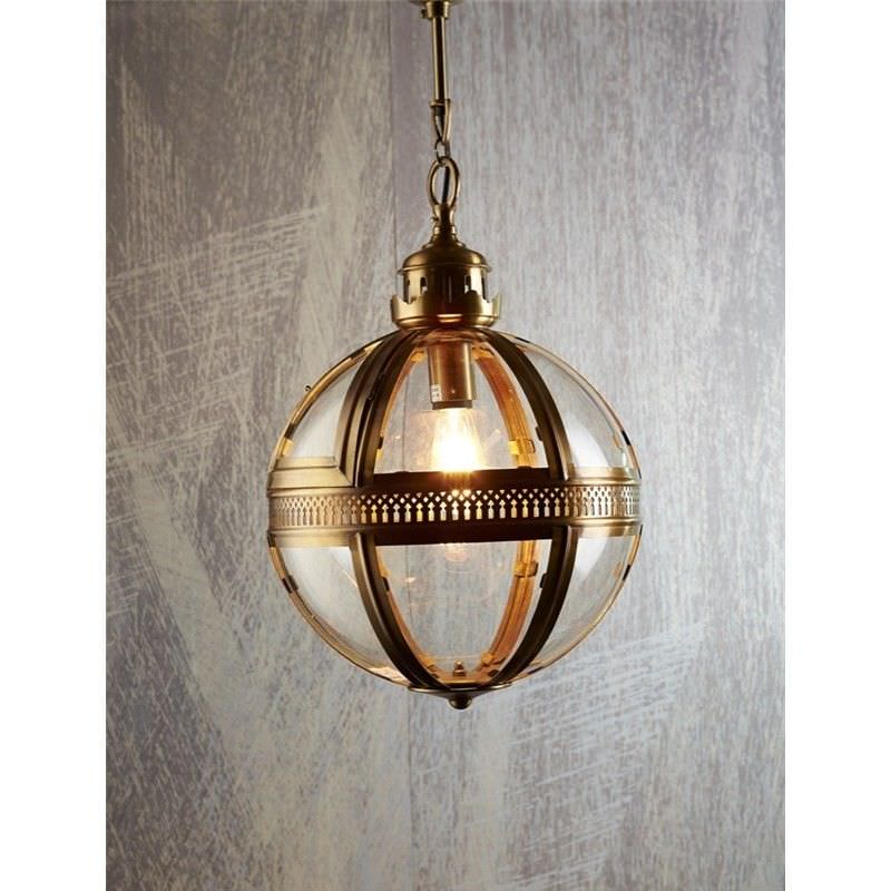 Saxon Metal & Glass Globe Pendant Light, Large, Antique Brass
