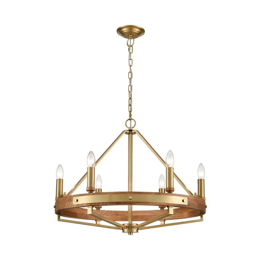Funale Wood & Iron Candelabra Pendant Light, 6 Light, Oak / Brass