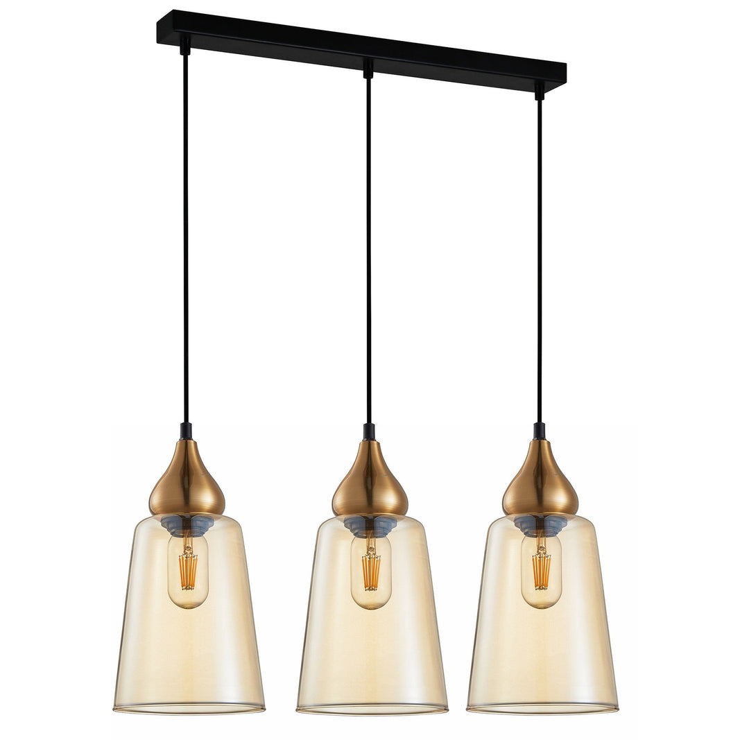 Jerez Glass & Iron Bar Pendant Light, 3 Light, Bronze / Amber