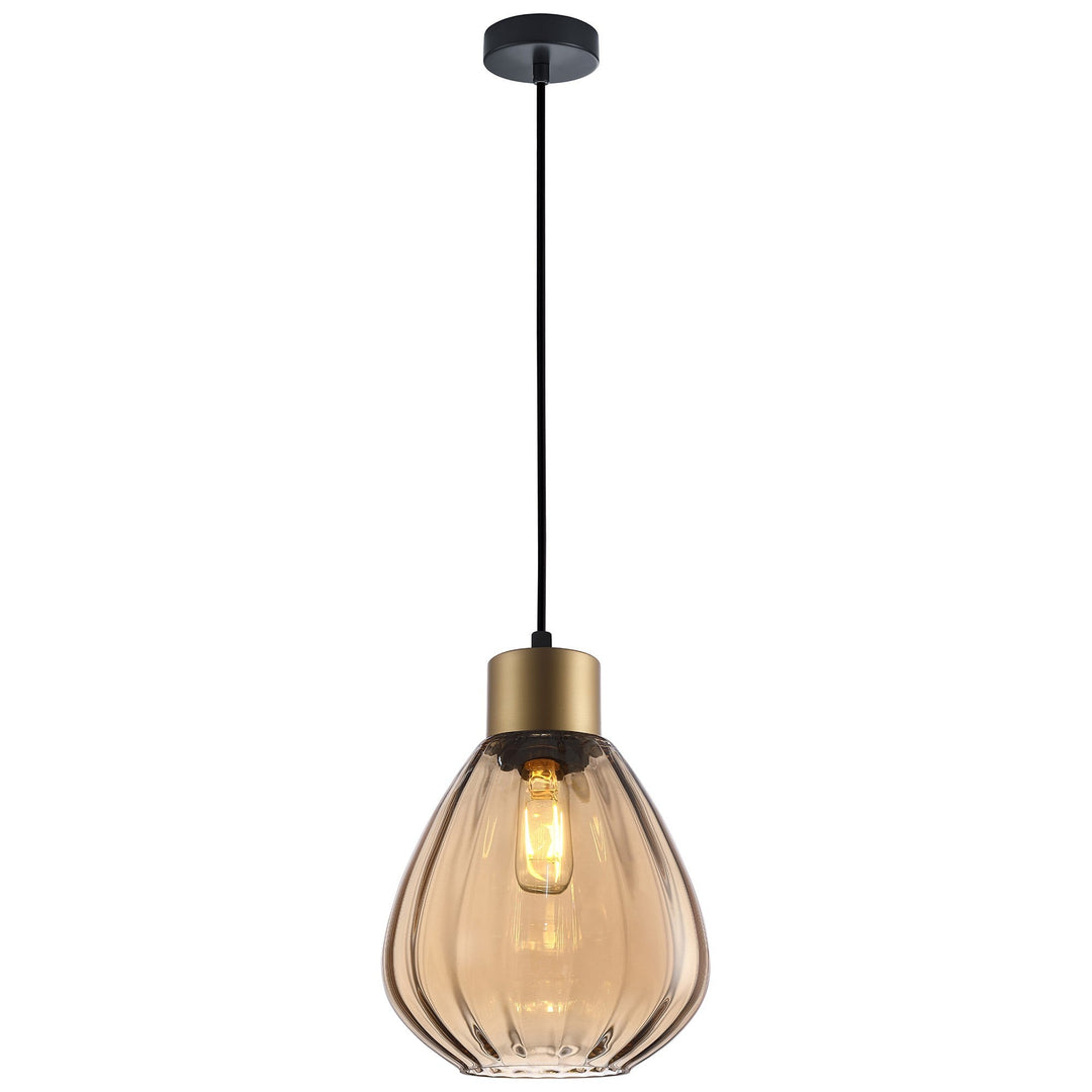 Tulip Ribbed Glass Pendant Light, Brass / Amber
