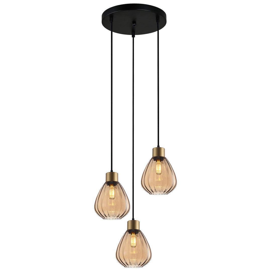 Tulip Ribbed Glass Cluster Pendant Light, 3 Light, Brass / Amber