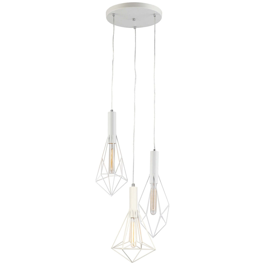 Whiteband Iron Caged 3 Light Cluster Pendant Light, Varied Diamond, White