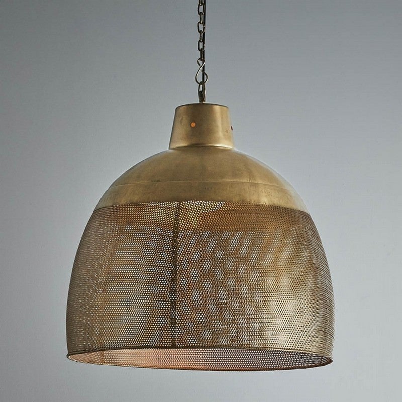 Riva Perforated Iron Dome Pendant Light, Large, Antique Brass