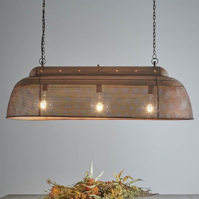 Riva Perforated Iron Elongated Pendant Light, Small, Antique Copper