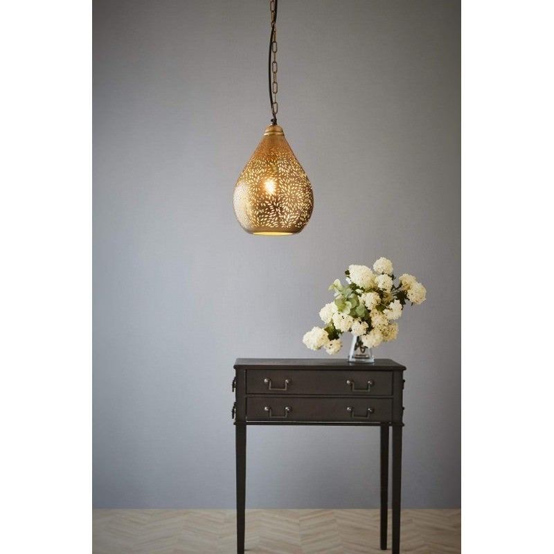 Aquarius Perforated Metal Pendant Light, Teardrop, Small, Brass