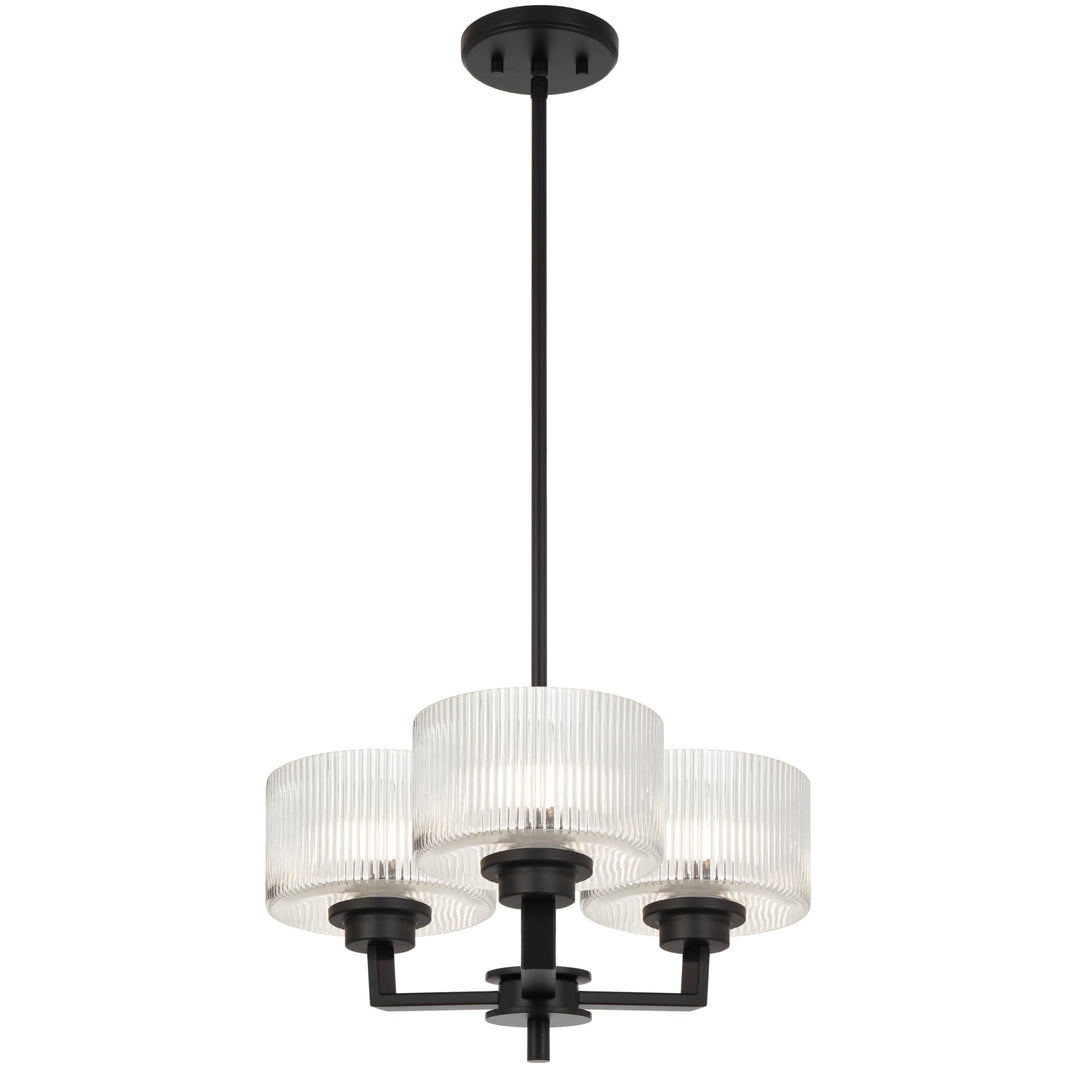 Telbix Moreno II 3 Light Modern Drum Pendant with Ribbed Glass Shade | Black
