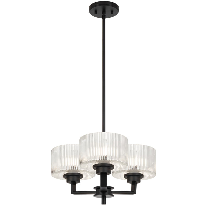 Telbix Moreno II 3 Light Modern Drum Pendant with Ribbed Glass Shade | Black