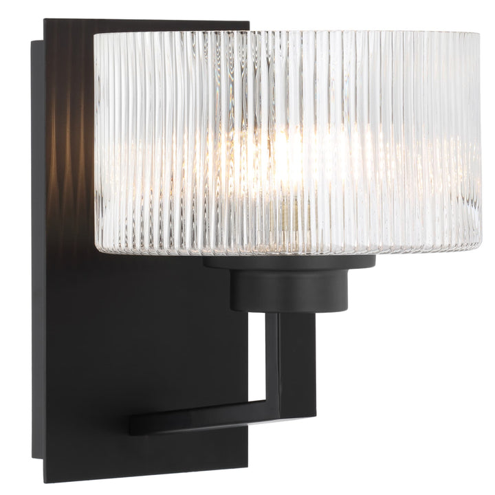 Telbix Moreno II Modern Drum Wall Light with Ribbed Glass Shade | Black