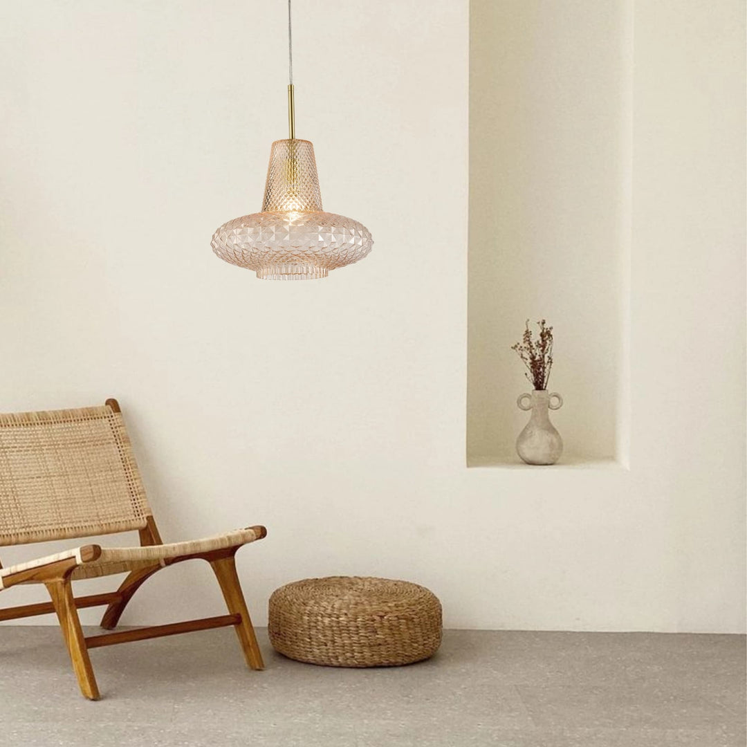 Calibo Sculpt Faceted Cut Glass 1 Light Pendant | Gold and Amber