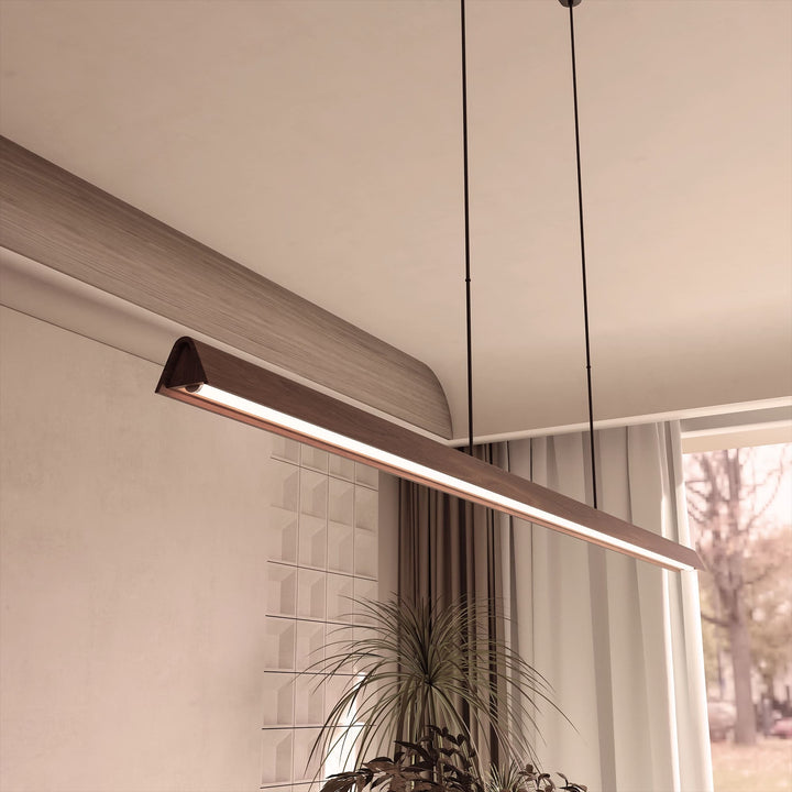 Calibo Avocent 1500mm Slim Timber Triangular Edge LED Linear Pendant | Walnut with Black