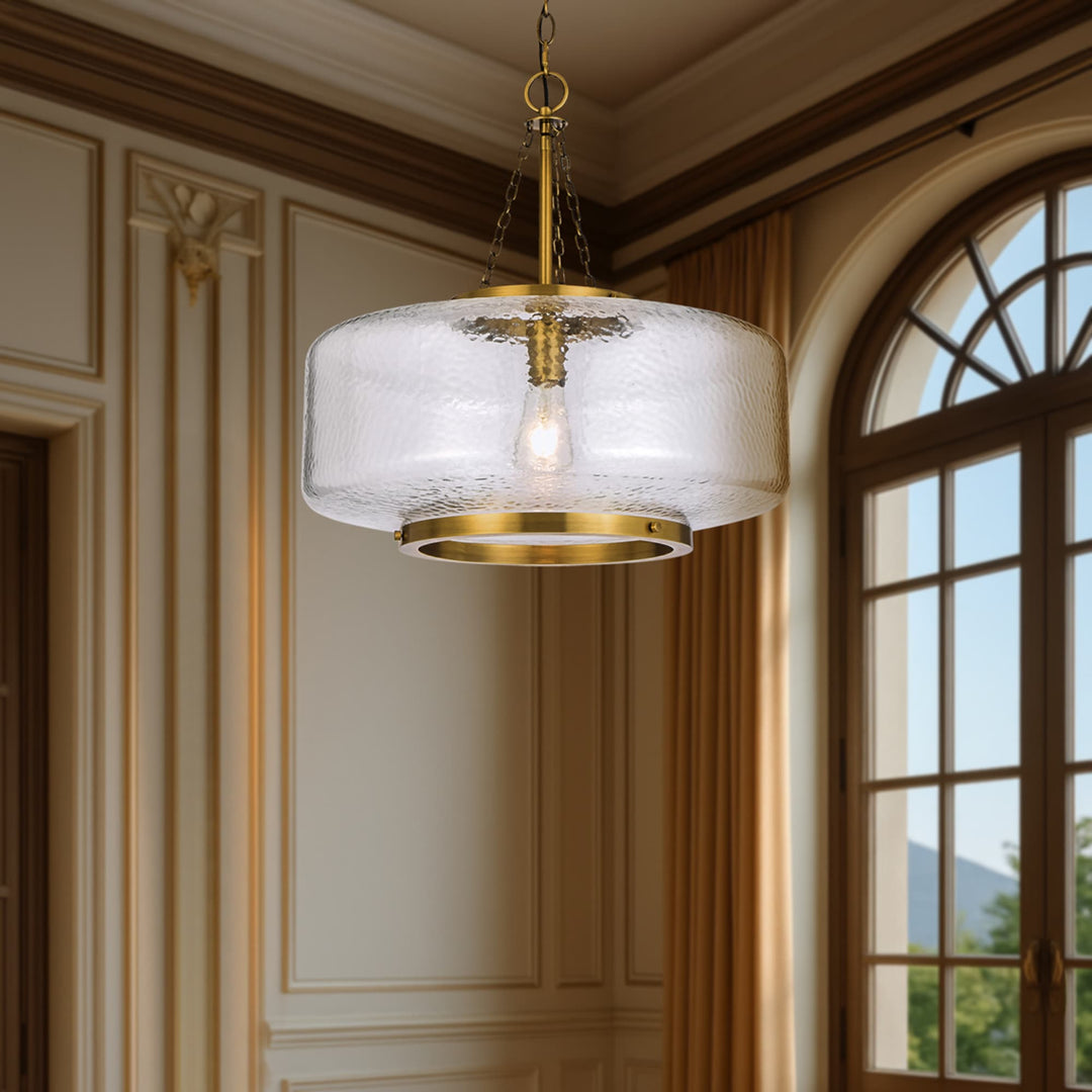 Telbix Mornet Textured Glass Drum Pendant with Modern Luxe Satin Gold Accents | Large