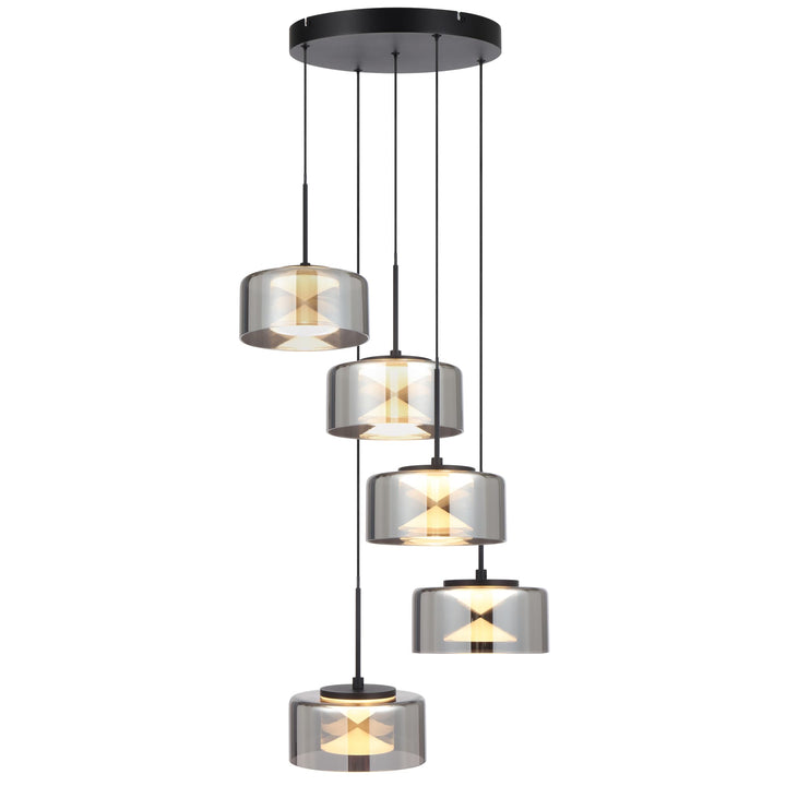 Telbix Cedro Smoked Round Glass Tricolour LED Pendant | 5 Light