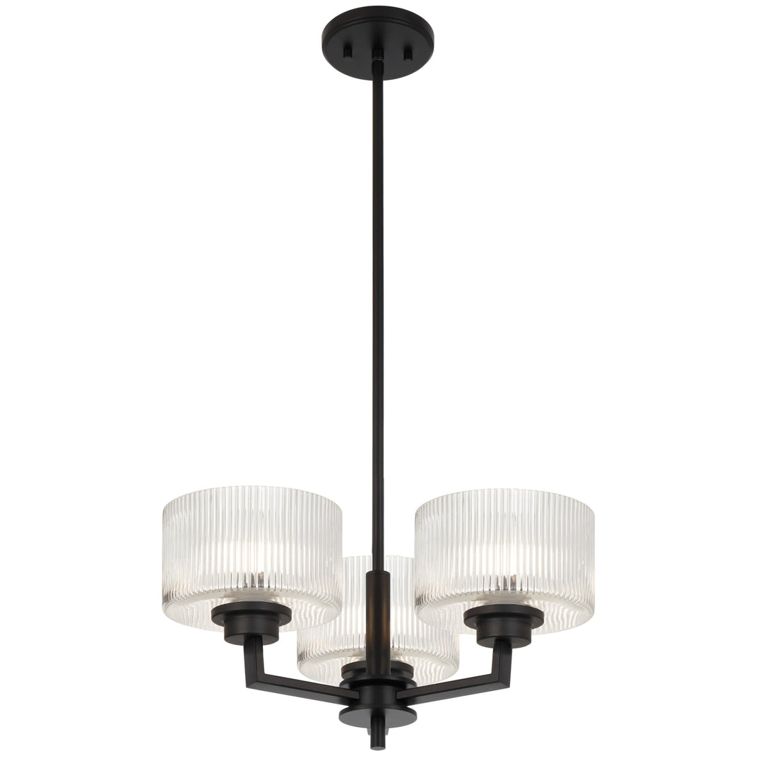 Telbix Moreno II 3 Light Modern Drum Pendant with Ribbed Glass Shade | Black