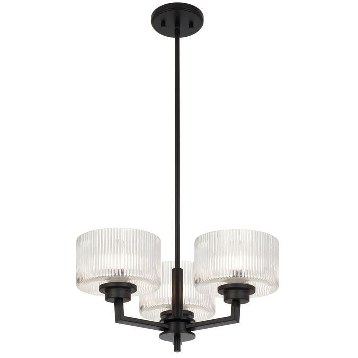 Telbix Moreno II 3 Light Modern Drum Pendant with Ribbed Glass Shade | Black