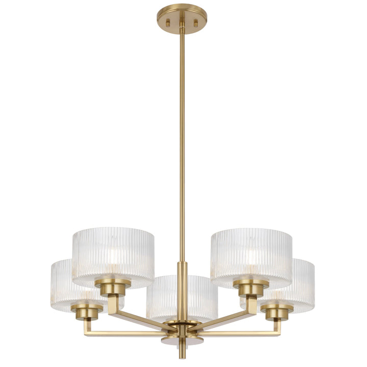 Telbix Moreno II 5 Light Modern Drum Pendant with Ribbed Glass Shade | Antique Gold