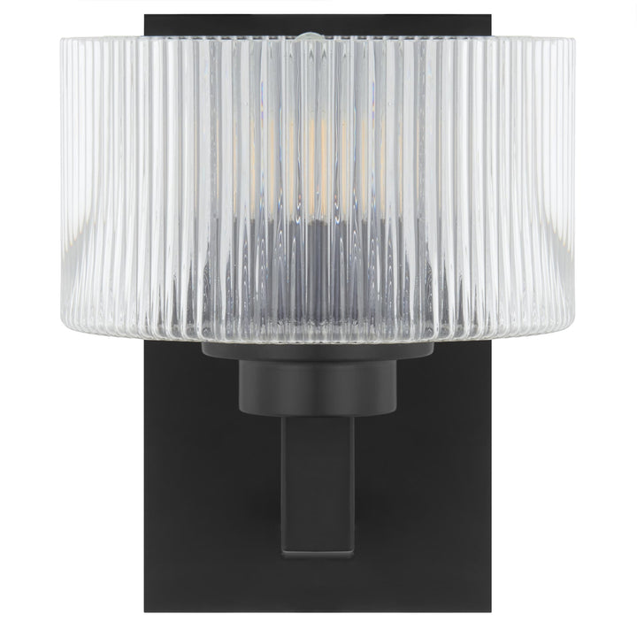 Telbix Moreno II Modern Drum Wall Light with Ribbed Glass Shade | Black