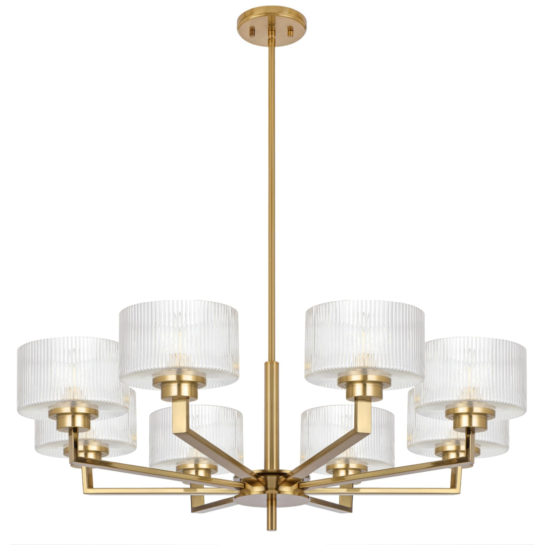 Telbix Moreno II 8 Light Modern Drum Pendant with Ribbed Glass Shade | Antique Gold