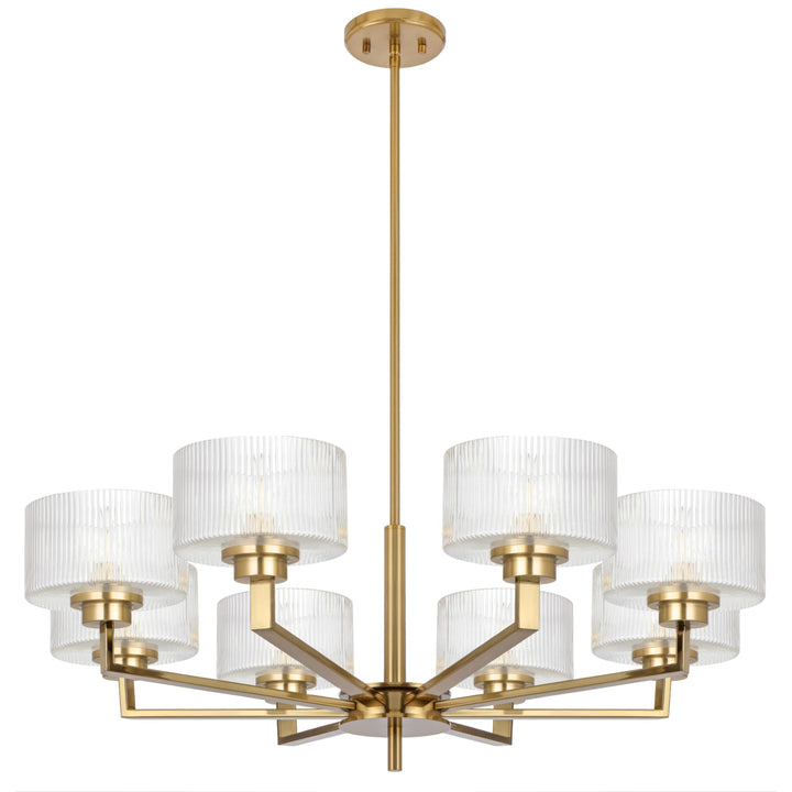 Telbix Moreno II 8 Light Modern Drum Pendant with Ribbed Glass Shade | Antique Gold