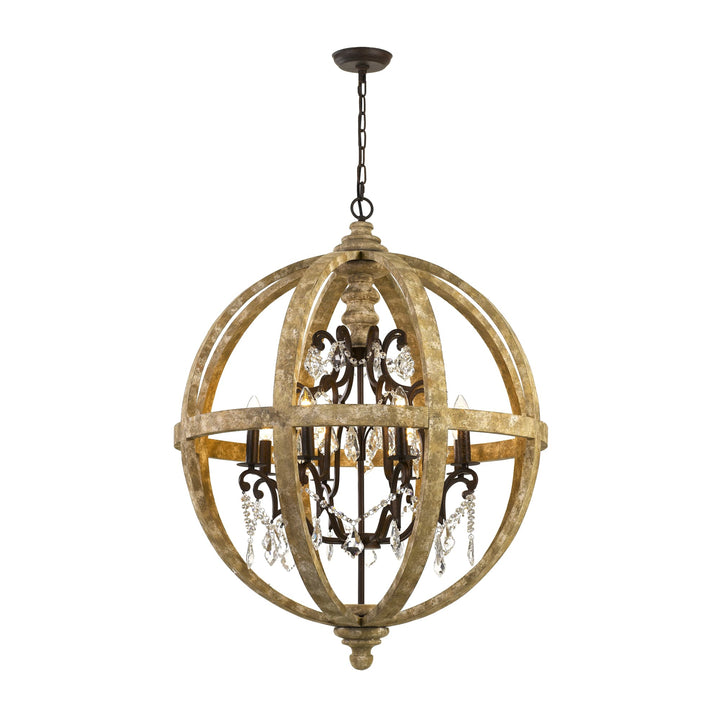 Telbix Florin Round Wood and Iron Cage Pendant Light (E14) | 8 Light