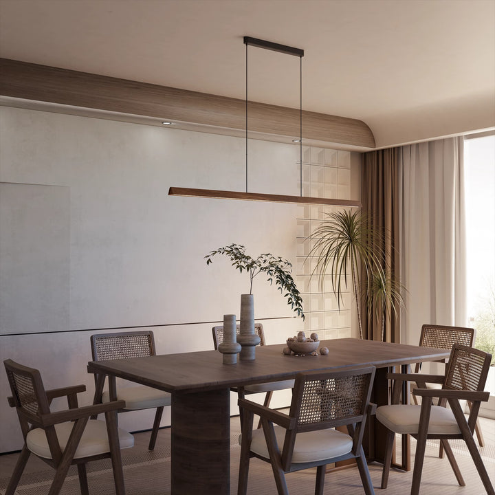 Calibo Avocent 1500mm Slim Timber Triangular Edge LED Linear Pendant | Walnut with Black