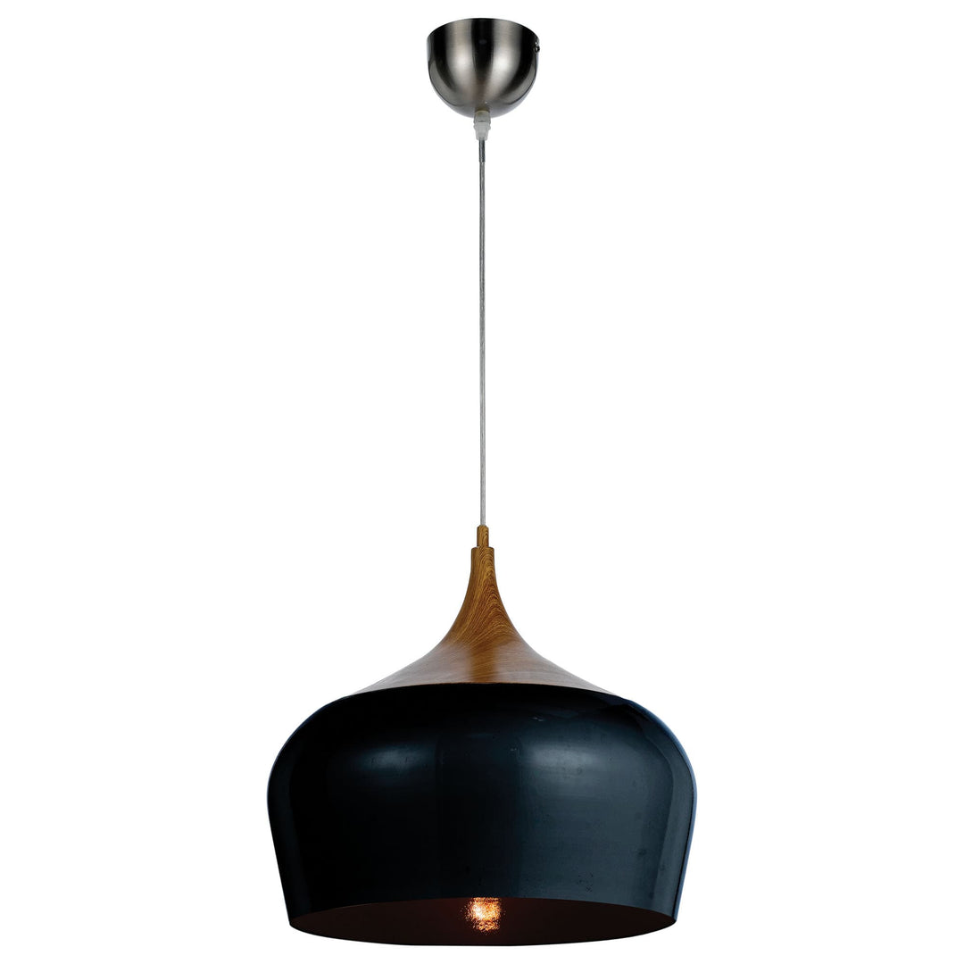 Telbix Polk Black Shade With Oak Pendant Light (E27) | Medium