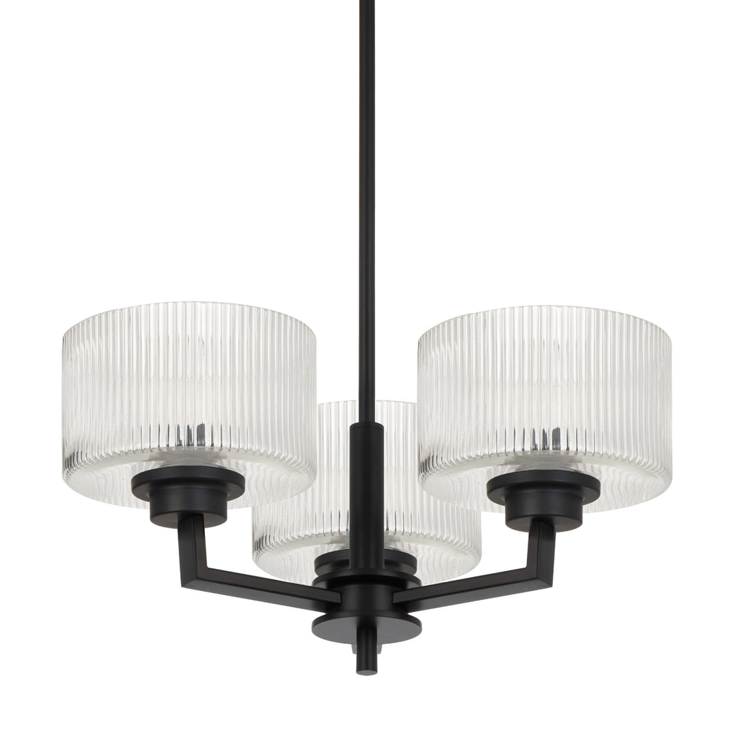 Telbix Moreno II 3 Light Modern Drum Pendant with Ribbed Glass Shade | Black