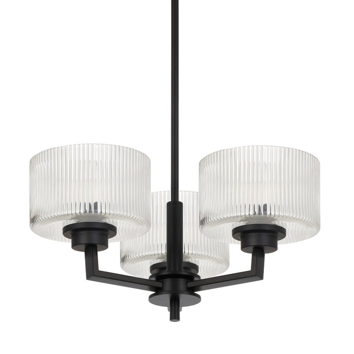 Telbix Moreno II 3 Light Modern Drum Pendant with Ribbed Glass Shade | Black