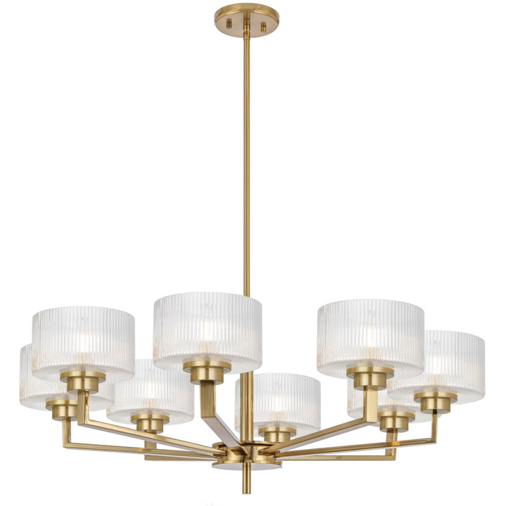 Telbix Moreno II 8 Light Modern Drum Pendant with Ribbed Glass Shade | Antique Gold