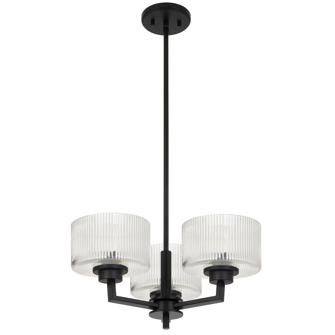 Telbix Moreno II 3 Light Modern Drum Pendant with Ribbed Glass Shade | Black