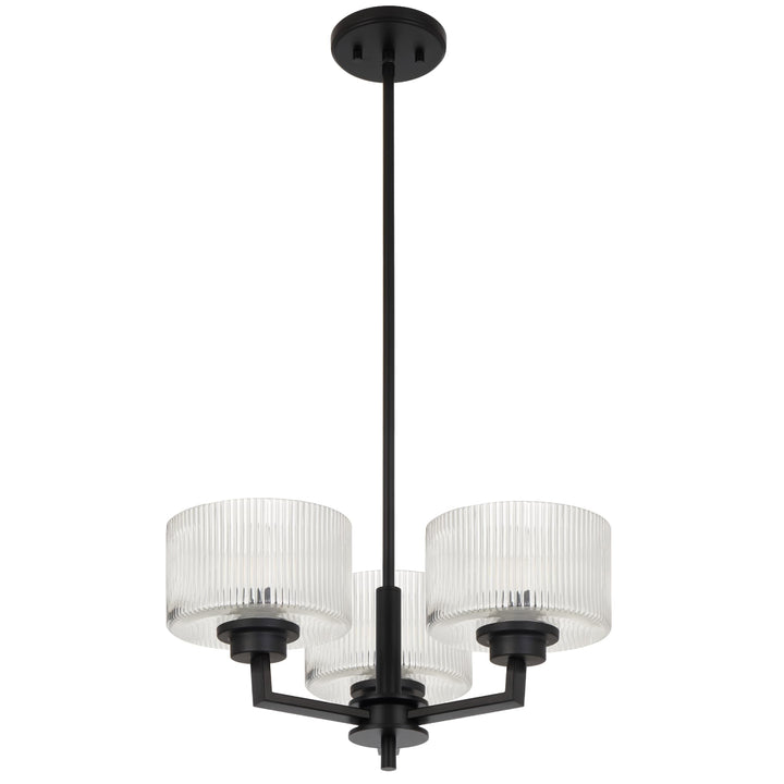 Telbix Moreno II 3 Light Modern Drum Pendant with Ribbed Glass Shade | Black