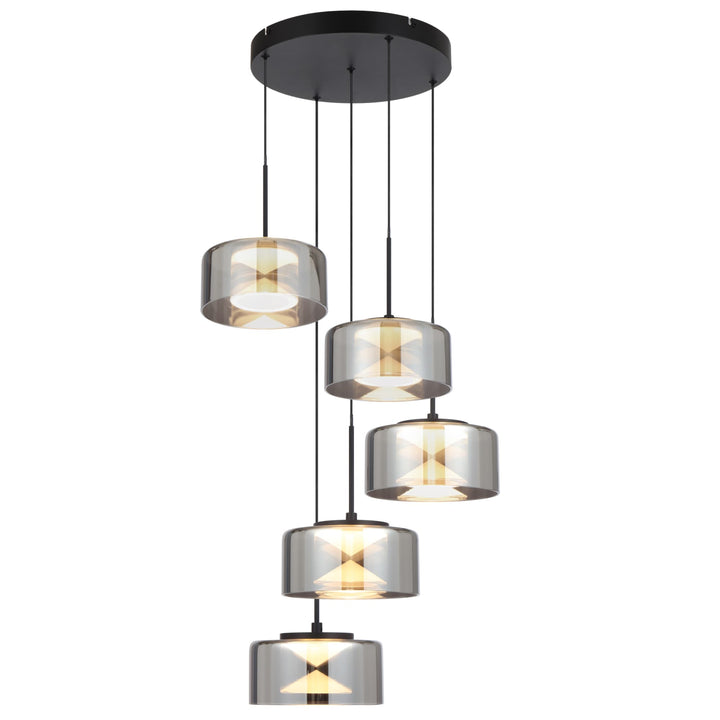 Telbix Cedro Smoked Round Glass Tricolour LED Pendant | 5 Light