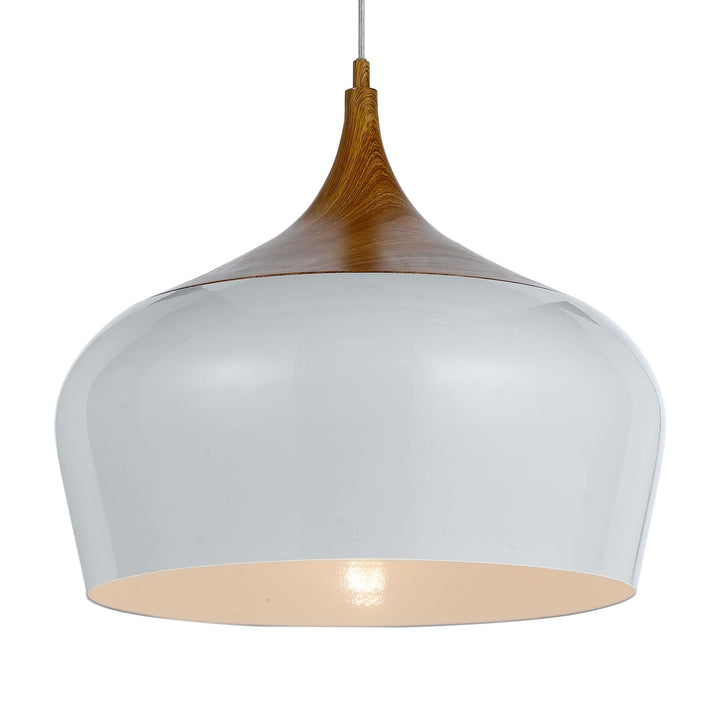 Telbix Polk White Shade With Oak Pendant Light (E27) | Medium