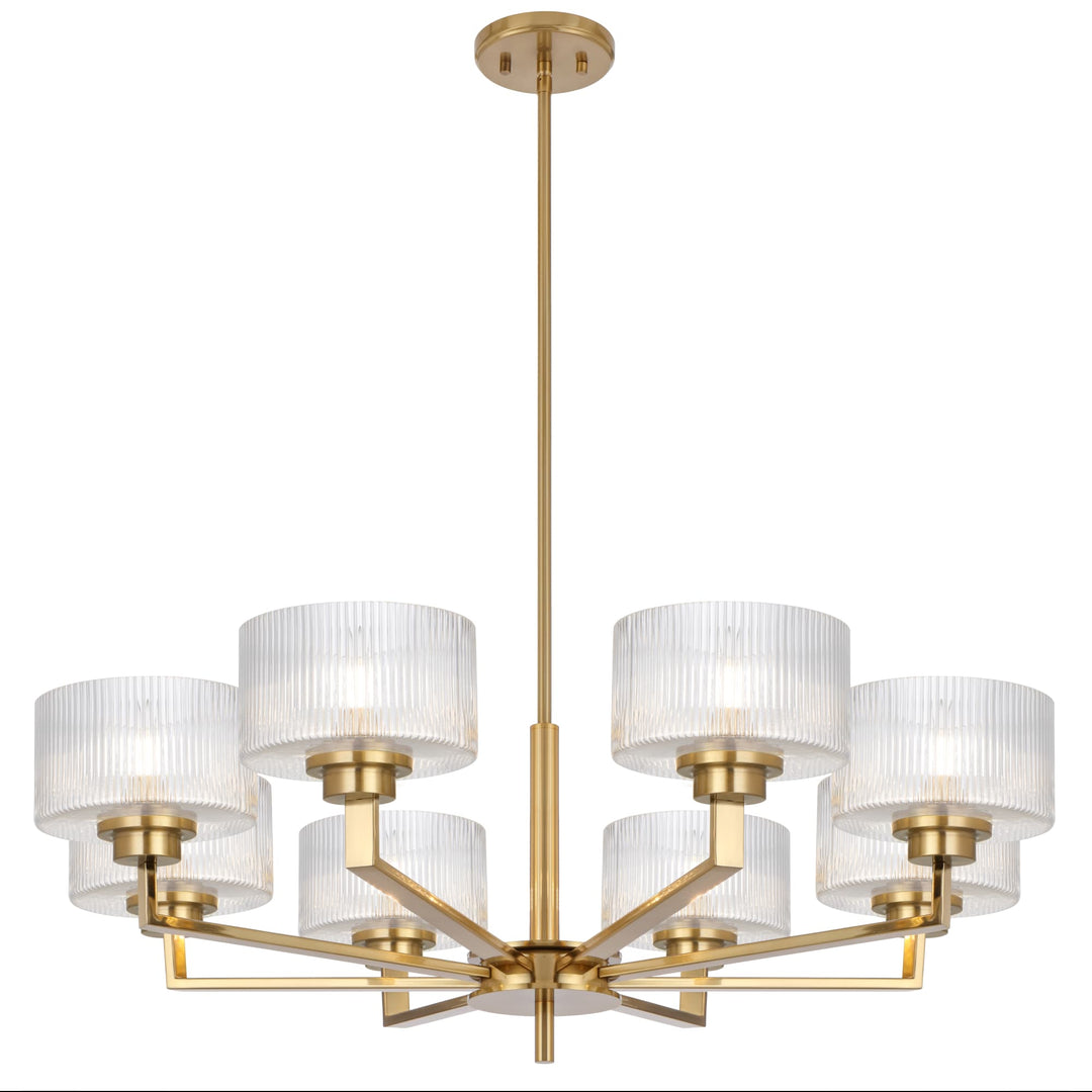 Telbix Moreno II 8 Light Modern Drum Pendant with Ribbed Glass Shade | Antique Gold